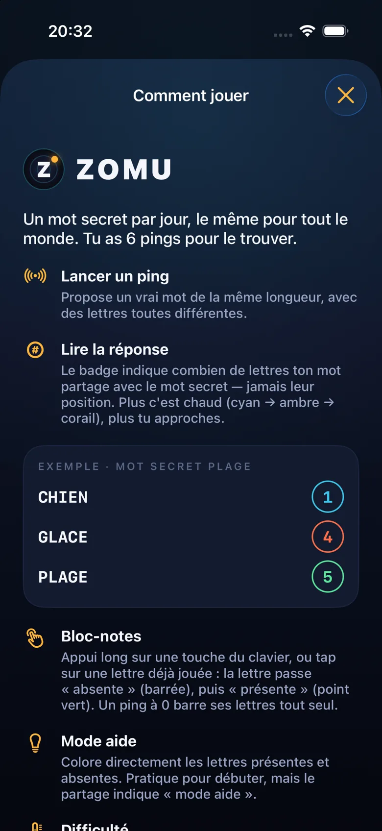 Écran Comment jouer de Zomu : lancer un ping, lire la réponse, exemple avec le mot PLAGE